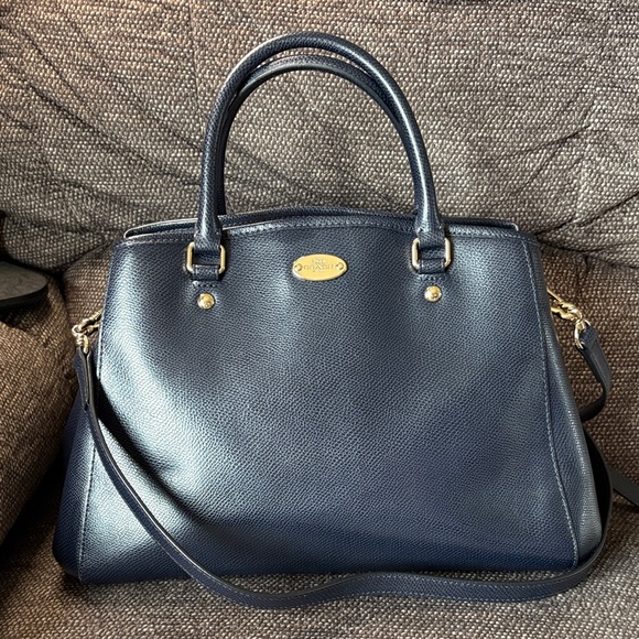 Coach Handbags - Coach Navy Pebbled Leather Satchel with Gold Hardware EUC